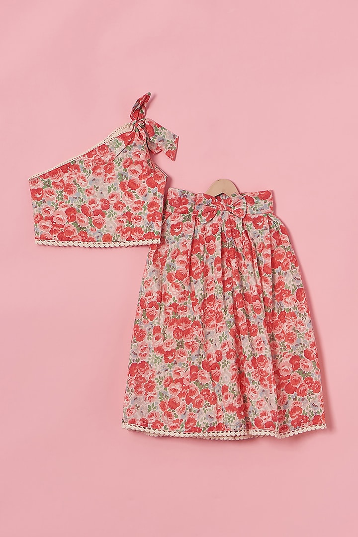 Red Cotton Floral Printed Lehenga Set For Girls by Poochkie at Pernia's Pop Up Shop