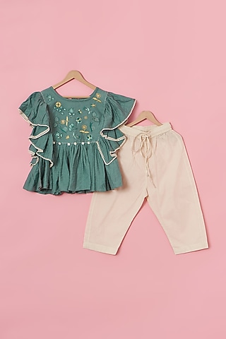 Ivory Cotton Pant Set For Girls by Poochkie