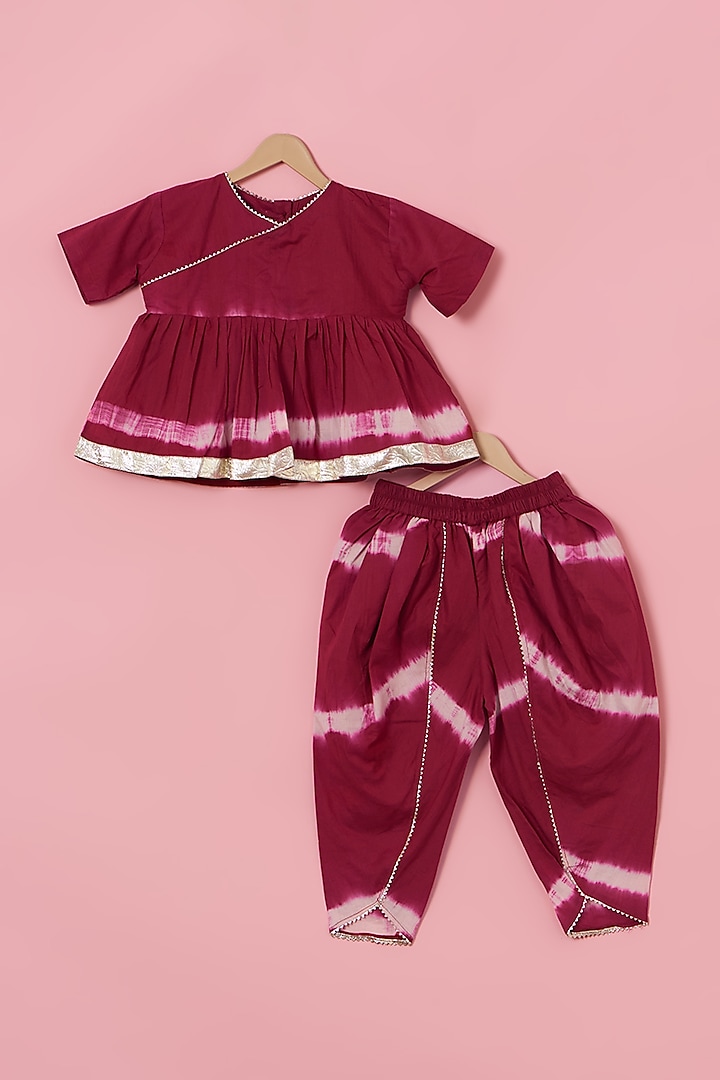 Wine Cotton Tie-Dye Printed Dhoti Set For Girls by Poochkie