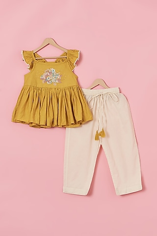 Ivory Cotton Jacquard Pant Set For Girls by Poochkie