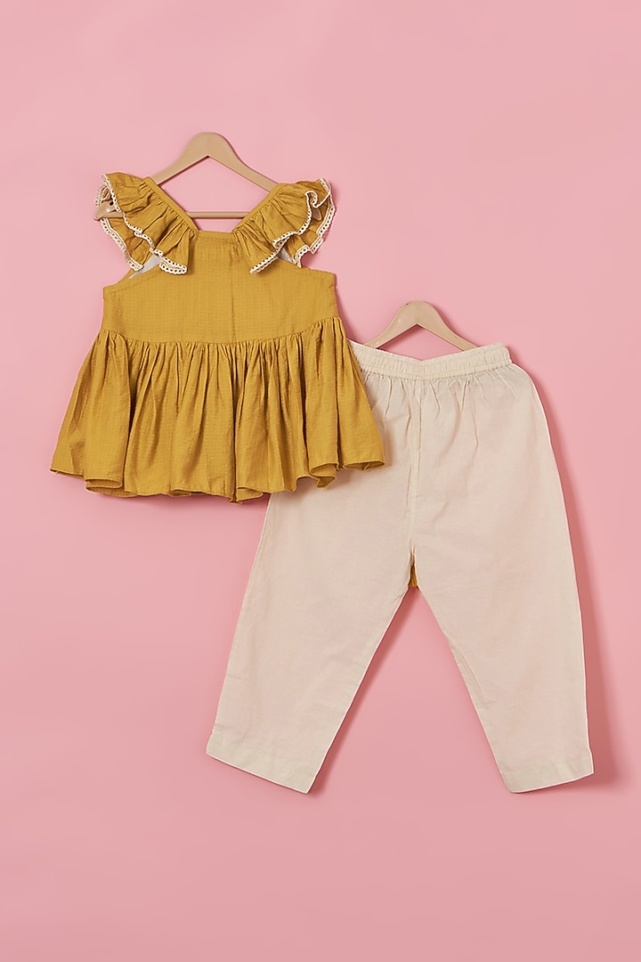 Ivory Cotton Jacquard Pant Set For Girls by Poochkie at Pernia's Pop Up Shop
