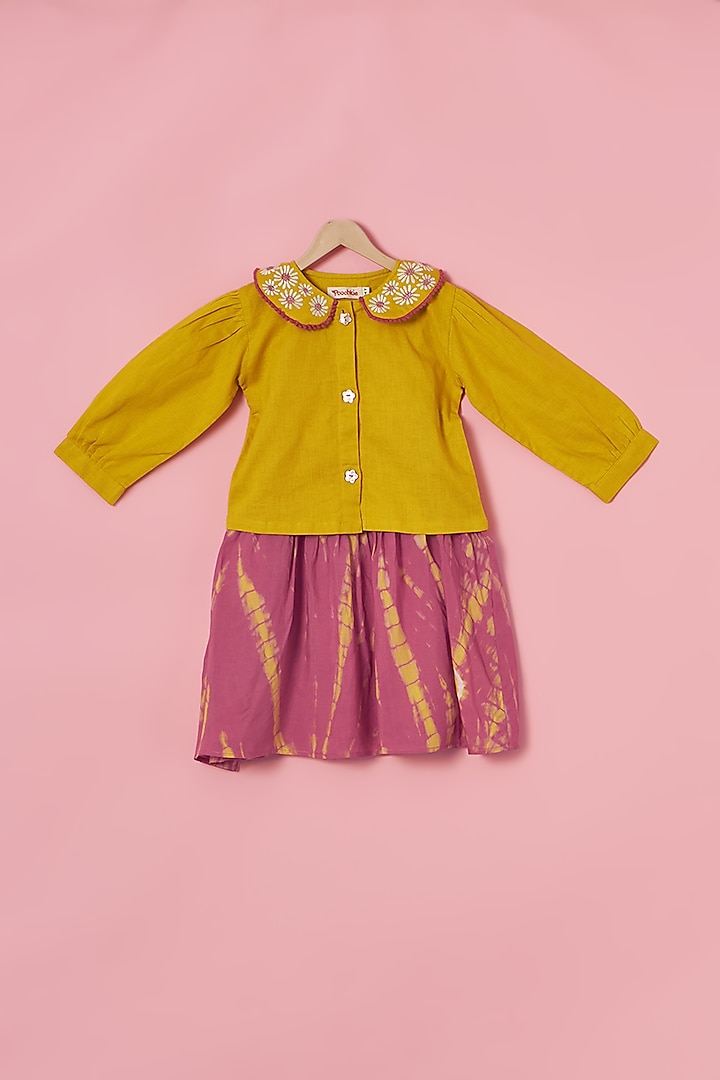 Pink & Yellow Cotton Linen Tie-Dye Printed Pinafore Dress For Girls by Poochkie at Pernia's Pop Up Shop