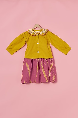 Pink & Yellow Cotton Linen Tie-Dye Printed Pinafore Dress For Girls by Poochkie