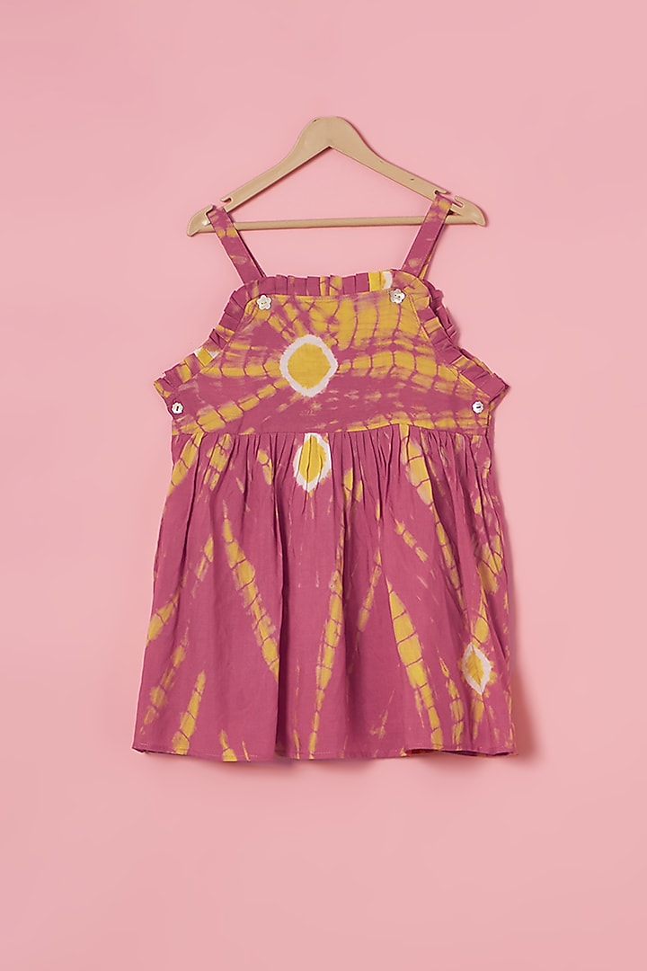 Pink & Yellow Cotton Linen Tie-Dye Printed Pinafore Dress For Girls by Poochkie at Pernia's Pop Up Shop