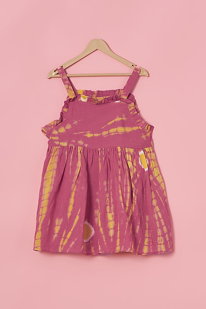 Pink & Yellow Cotton Linen Tie-Dye Printed Pinafore Dress For Girls by Poochkie at Pernia's Pop Up Shop