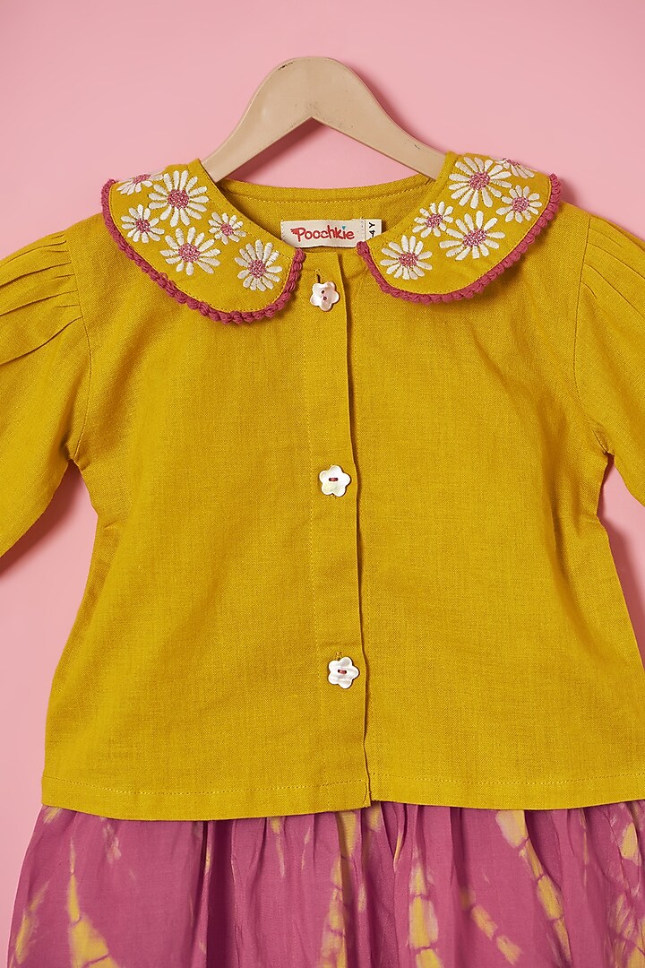 Pink & Yellow Cotton Linen Tie-Dye Printed Pinafore Dress For Girls by Poochkie at Pernia's Pop Up Shop