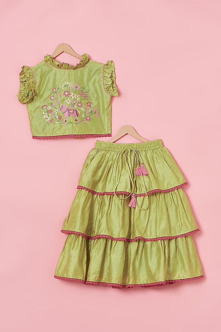 Green Crepe Silk Lehenga Set For Girls by Poochkie