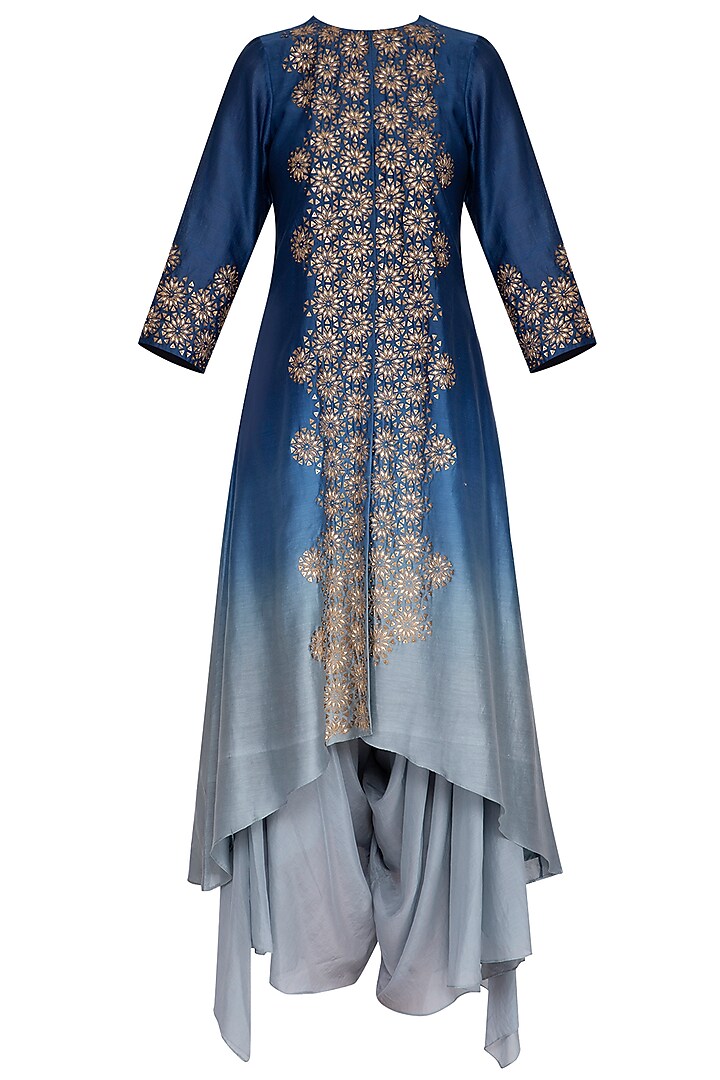 Deep blue embroidered kurta with pants by POULI