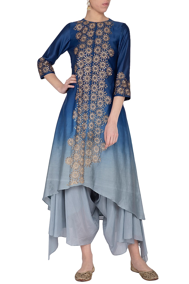 Deep blue embroidered kurta with pants by POULI at Pernia's Pop Up Shop