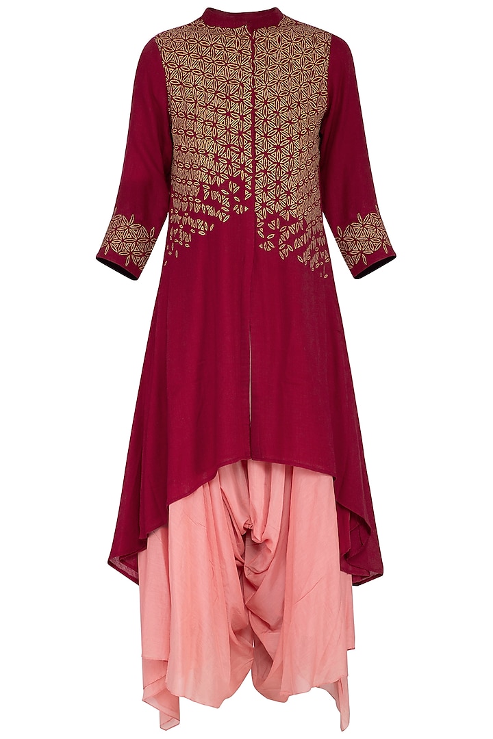 Deep pink embroidered kurta with pants by POULI