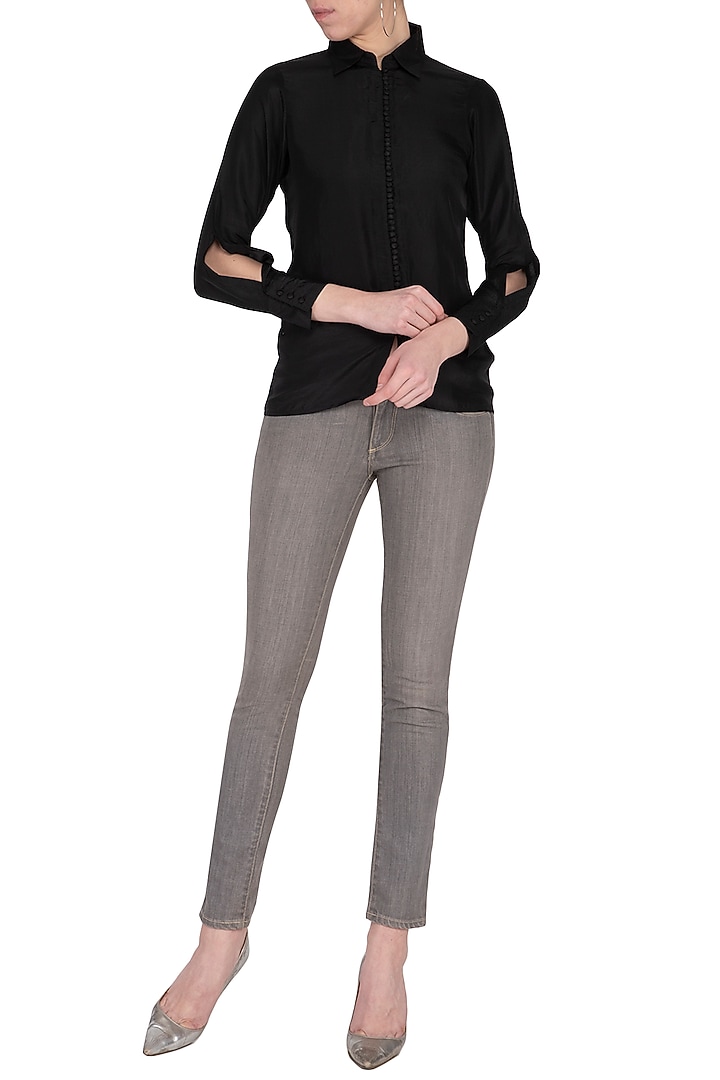 Black slit sleeve shirt by POULI at Pernia's Pop Up Shop