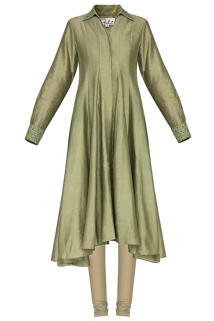 Light olive embroidered kurta with pants by POULI