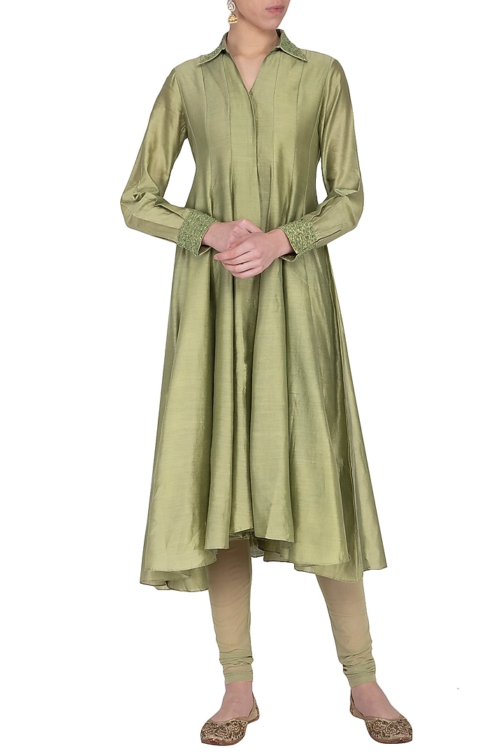 Light olive embroidered kurta with pants by POULI at Pernia's Pop Up Shop