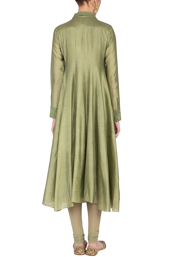 Light olive embroidered kurta with pants by POULI at Pernia's Pop Up Shop