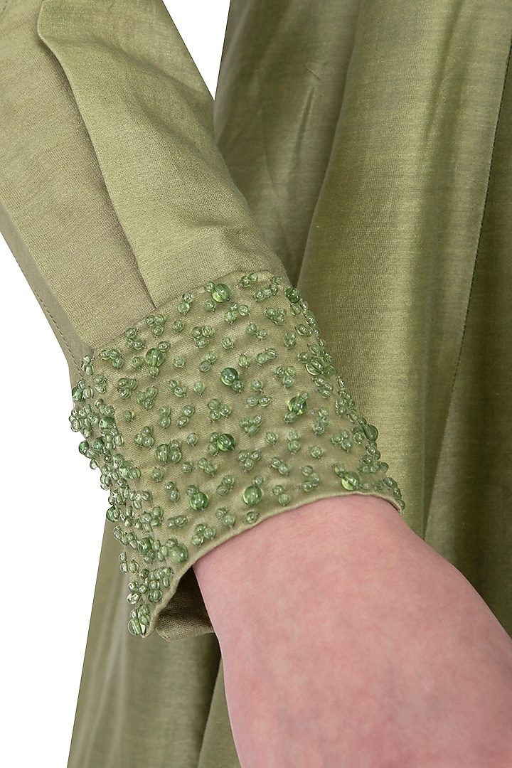 Light olive embroidered kurta with pants by POULI at Pernia's Pop Up Shop