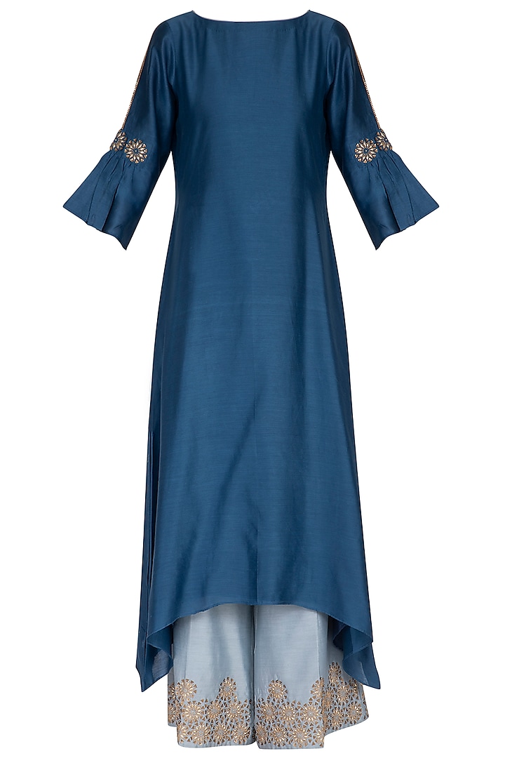 Deep blue embroidered kurta with pants by POULI