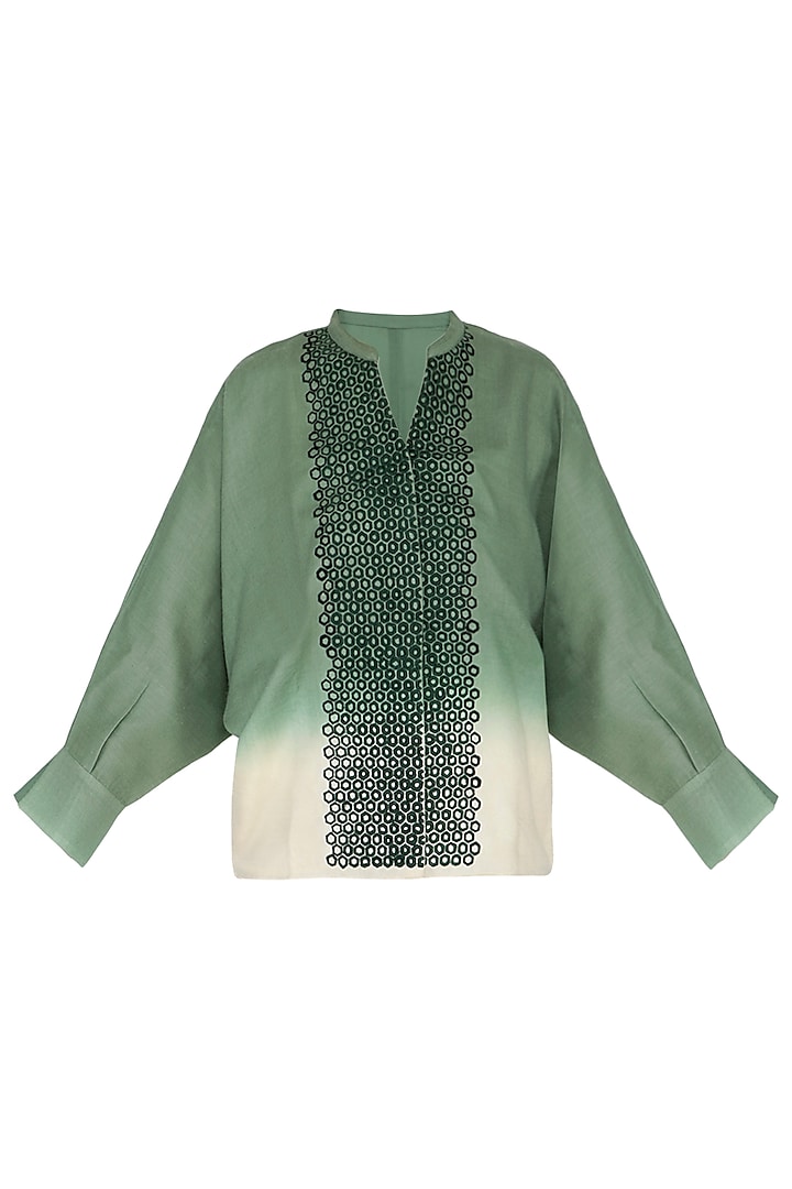 Deep sage green embroidered shirt by POULI