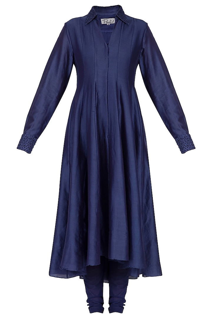 Deep blue embroidered kalidar kurta with pants by POULI