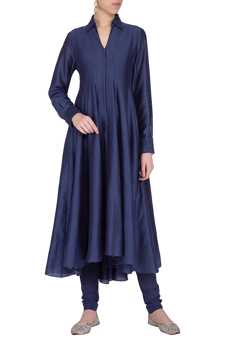 Deep blue embroidered kalidar kurta with pants by POULI at Pernia's Pop Up Shop