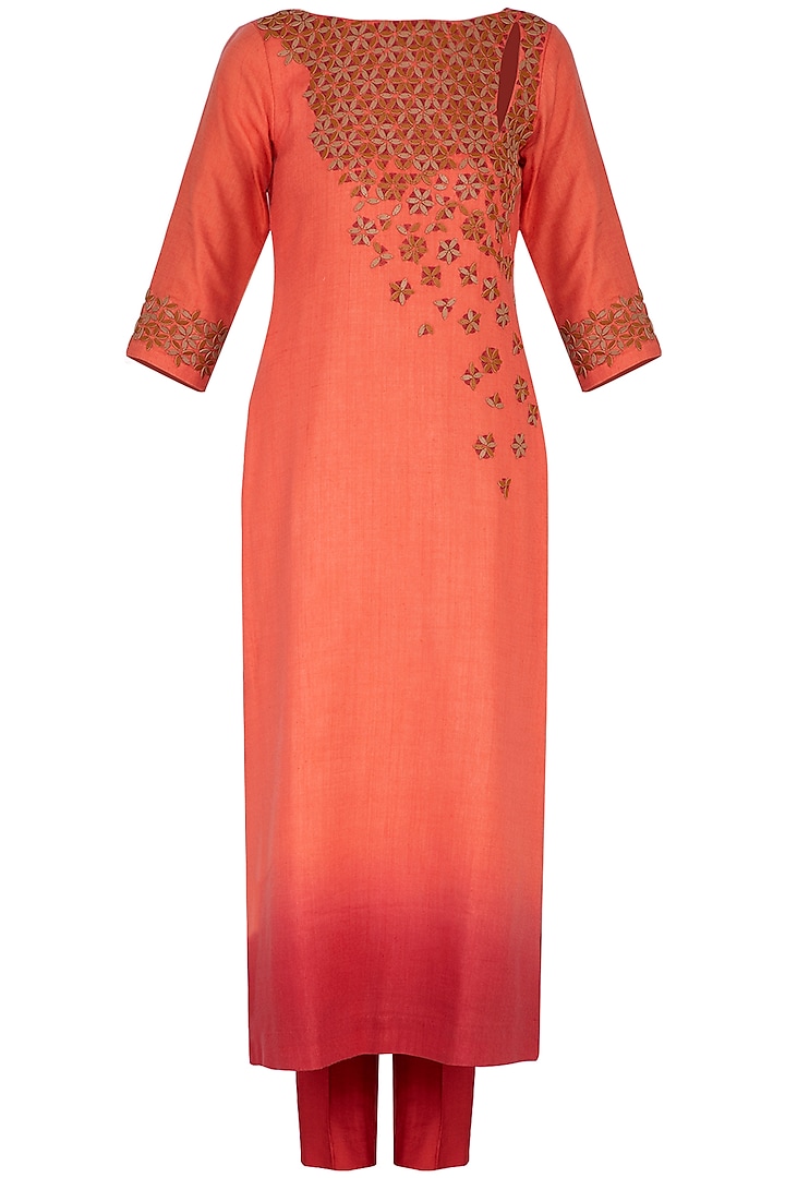 Coral embroidered ombre kurta set by POULI