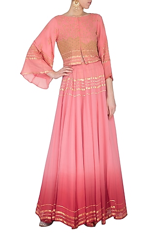 Coral embroidered jacket with lehenga skirt by POULI