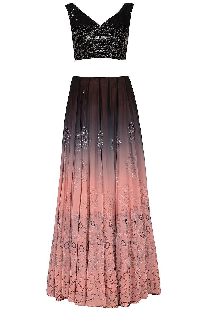 Black and pink ombre embroidered lehenga set by POULI