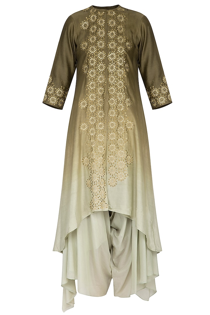 Olive green ombre embroidered kurta with pants by POULI