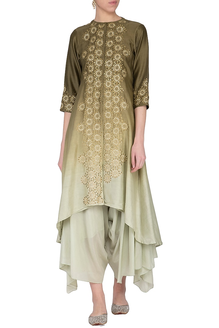 Olive green ombre embroidered kurta with pants by POULI at Pernia's Pop Up Shop