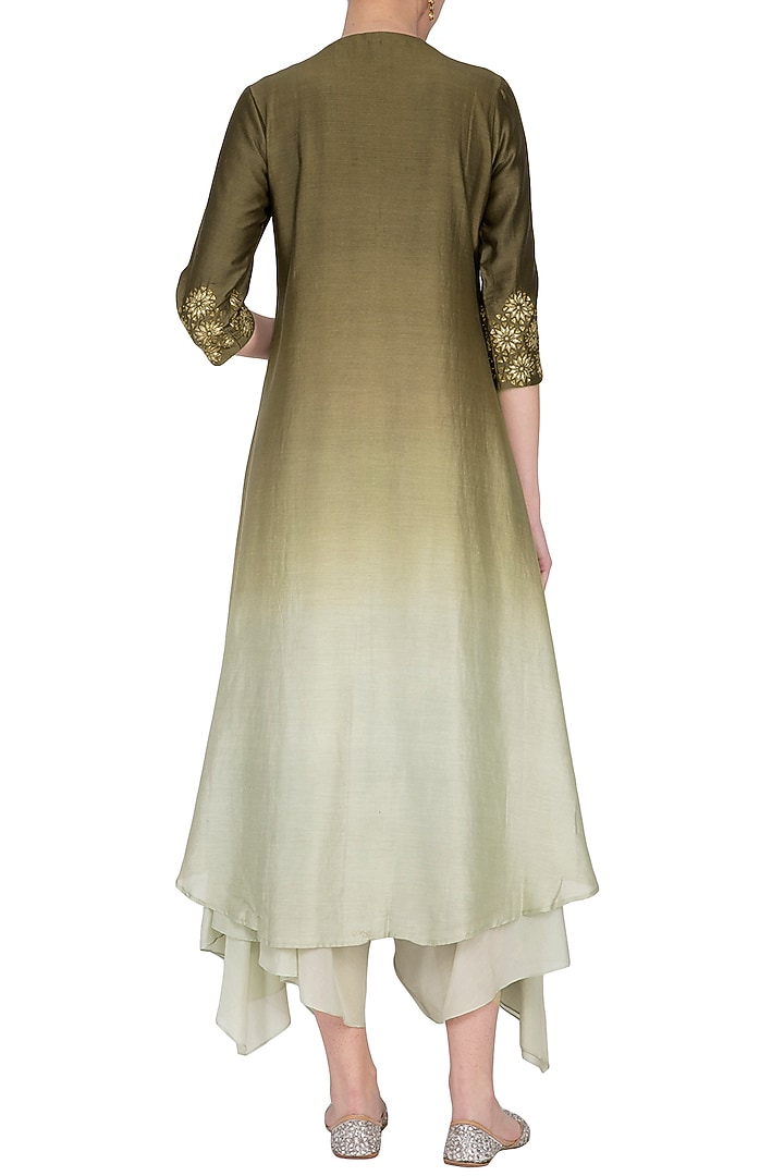 Olive green ombre embroidered kurta with pants by POULI at Pernia's Pop Up Shop