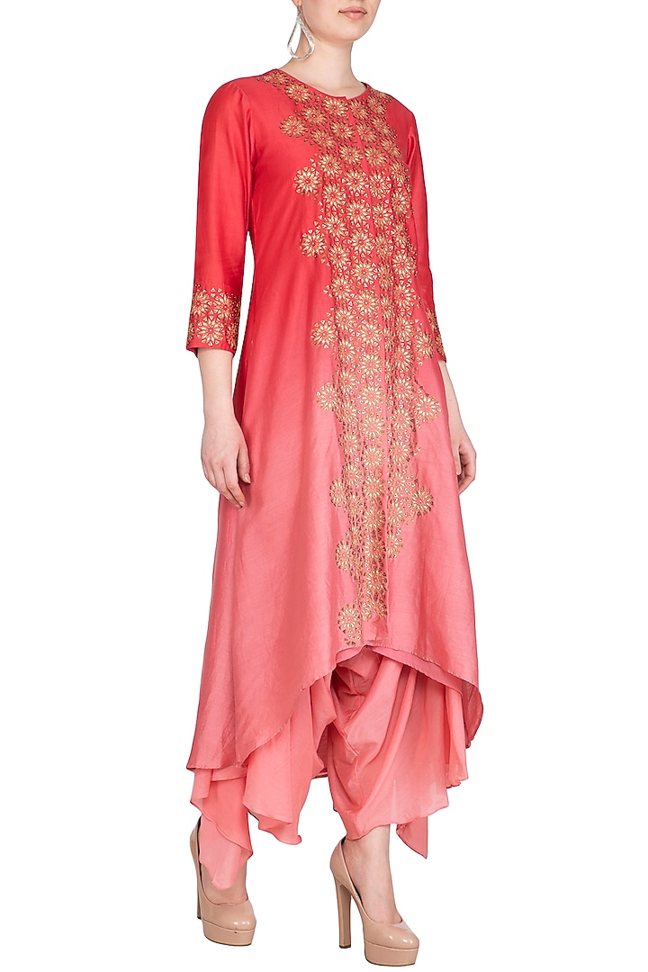 Fuchsia Hand Embroidered Ombre Kurta With Draped Crotch Pants by POULI at Pernia's Pop Up Shop