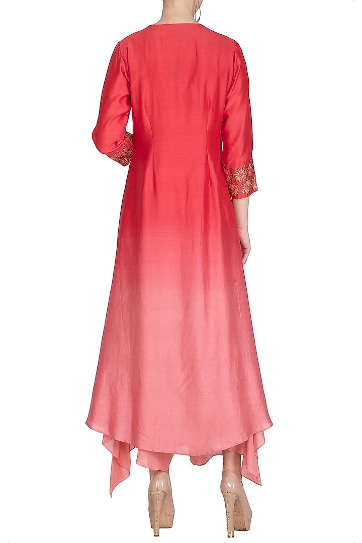 Fuchsia Hand Embroidered Ombre Kurta With Draped Crotch Pants by POULI at Pernia's Pop Up Shop