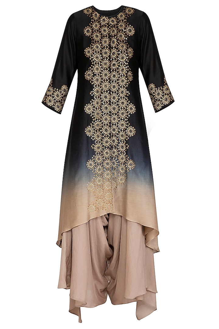 Black Hand Embroidered Ombre Kurta With Draped Crotch Pants by POULI