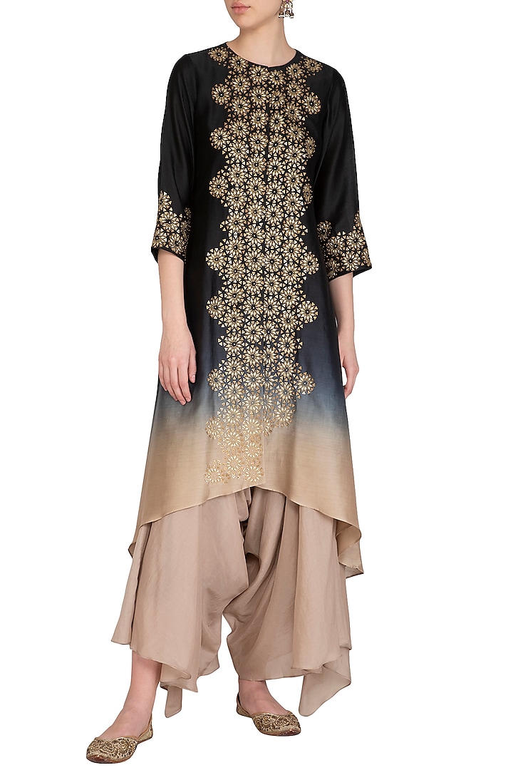 Black Hand Embroidered Ombre Kurta With Draped Crotch Pants by POULI at Pernia's Pop Up Shop