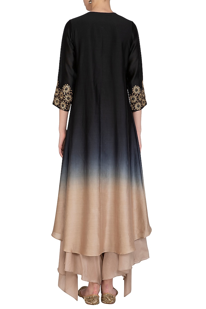 Black Hand Embroidered Ombre Kurta With Draped Crotch Pants by POULI at Pernia's Pop Up Shop
