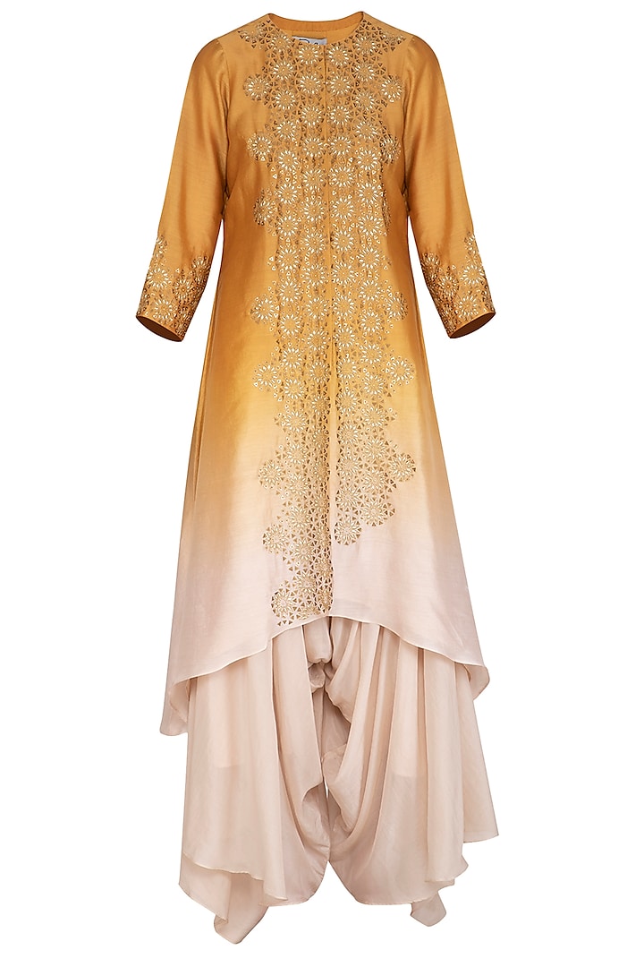 Yellow Hand Embroidered Ombre Kurta With Draped Crotch Pants by POULI