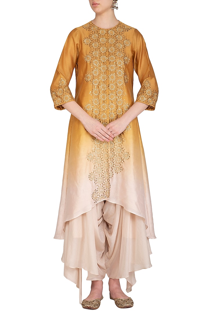 Yellow Hand Embroidered Ombre Kurta With Draped Crotch Pants by POULI at Pernia's Pop Up Shop