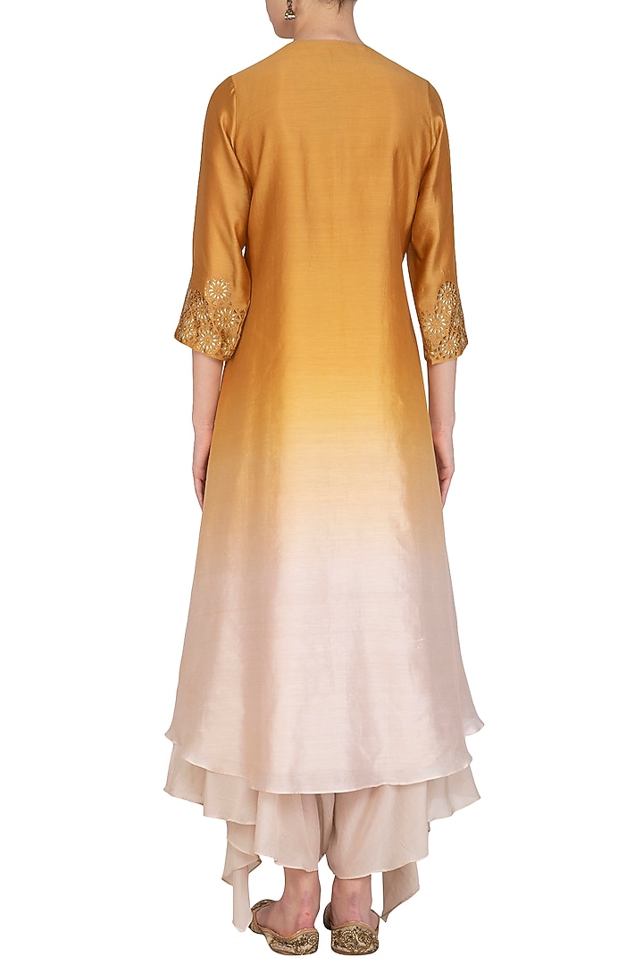 Yellow Hand Embroidered Ombre Kurta With Draped Crotch Pants by POULI at Pernia's Pop Up Shop