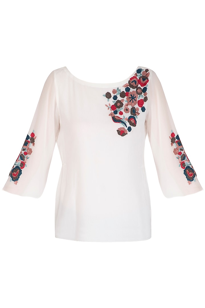 White Embroidered Dyed Top by POULI