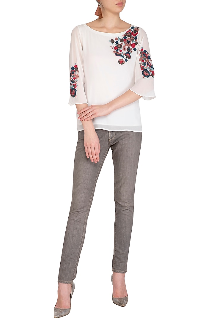 White Embroidered Dyed Top by POULI at Pernia's Pop Up Shop