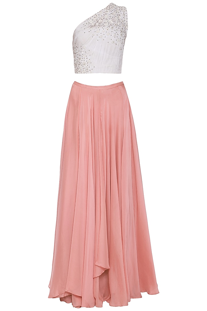 White One Shoulder Ruched Top with Pink Layered Skirt by POULI