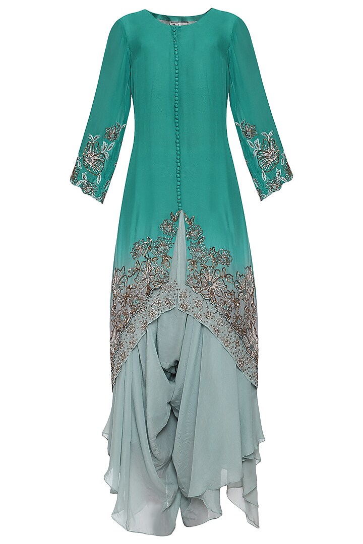 Light Teal Ombre Double Layered Kurta Set by POULI