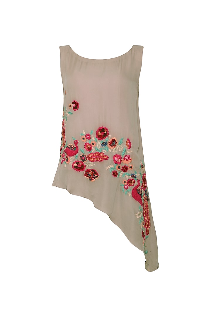 Warm Grey Floral and Peacock Embroidered Asymmetrical Top by POULI