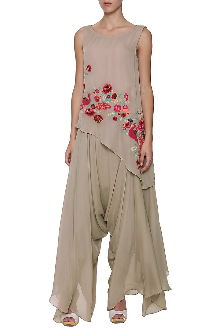Warm grey floral and peacock embroidered asymmetrical top available only at Pernia's Pop Up Shop.