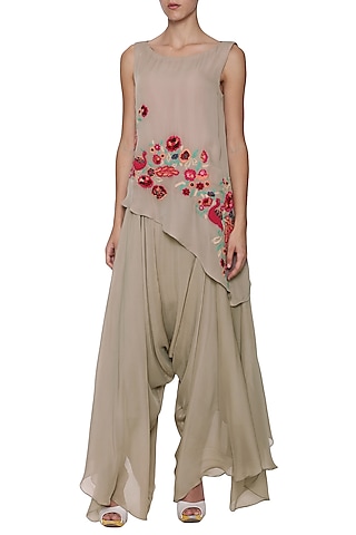 Warm Grey Floral and Peacock Embroidered Asymmetrical Top by POULI