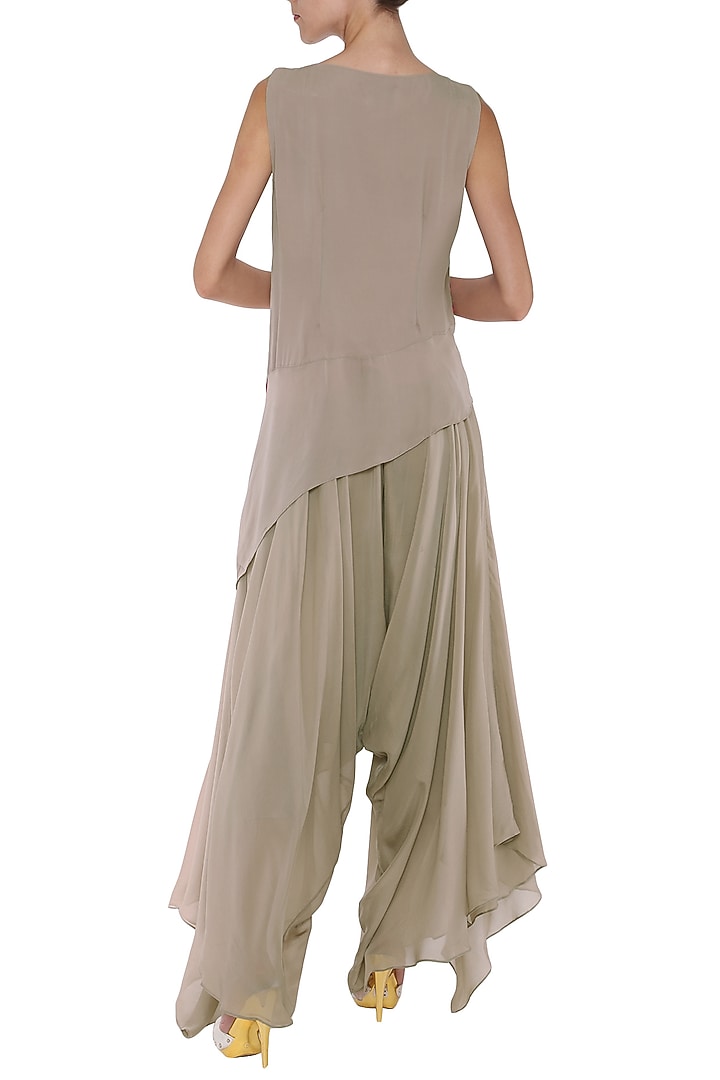 Warm grey floral and peacock embroidered asymmetrical top available only at Pernia's Pop Up Shop.