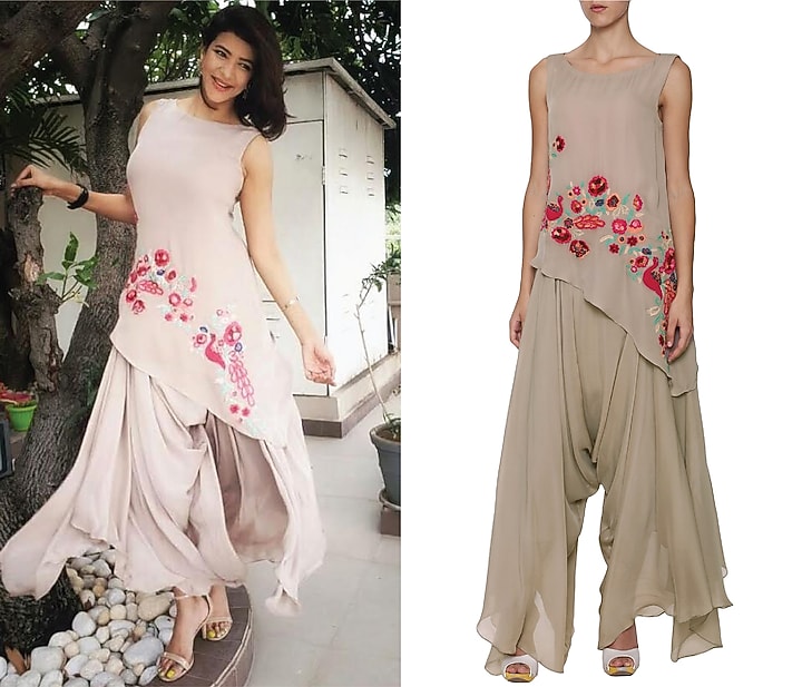 Warm grey floral and peacock embroidered asymmetrical top available only at Pernia's Pop Up Shop.