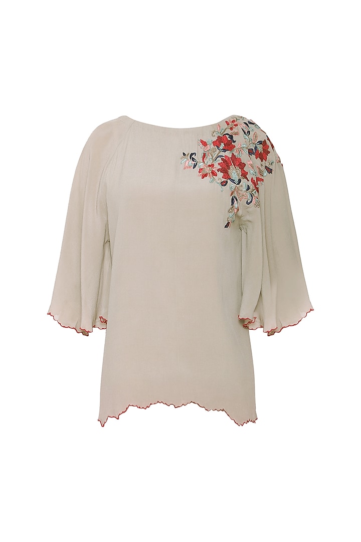 Warm Grey Floral Embroidered Scalloped Top by POULI