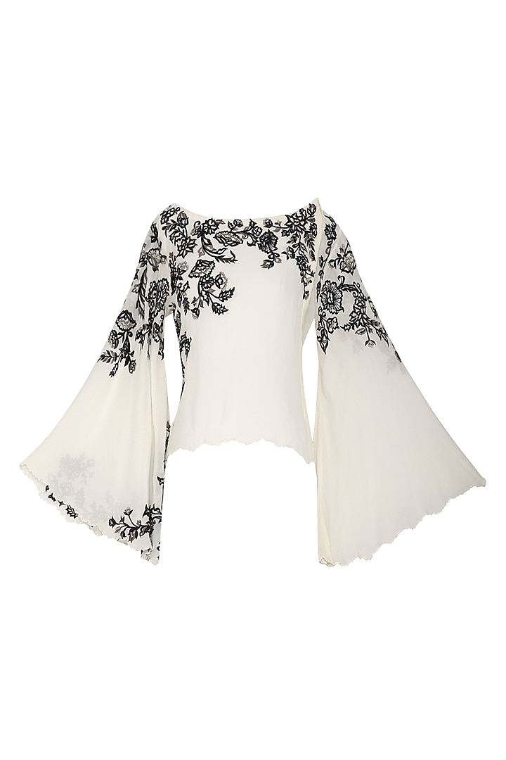 Off White Floral Embroidered Top by POULI