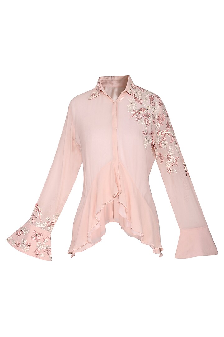 Pink Layered Floral Embroidered Shirt by POULI