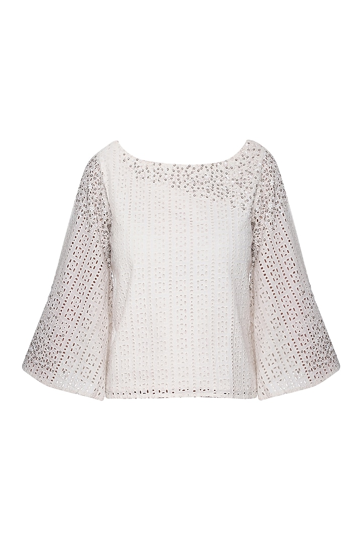 Off White Embroidered Cut Work Top by POULI